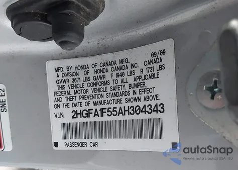 2010 Honda Civic Lx из США, поврежденный, VIN 2HGFA1F55AH304343